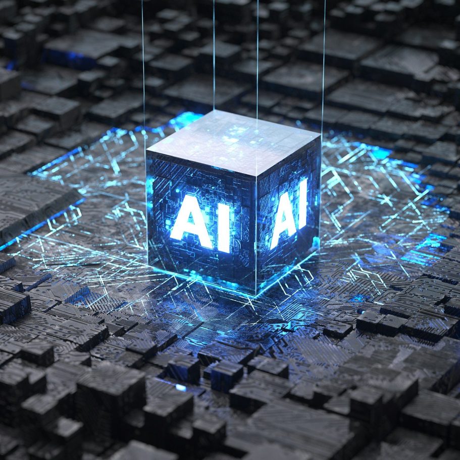 An image showing technology and a cube depicting AI
